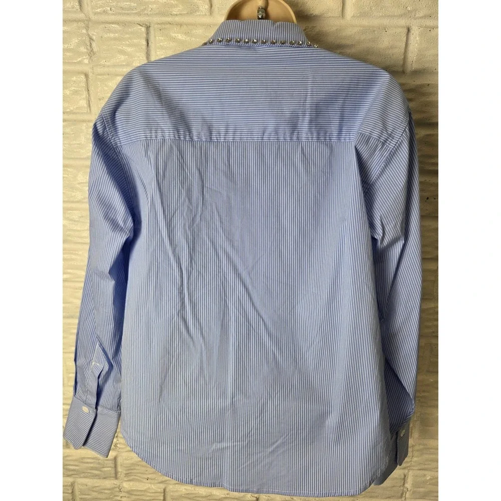 Western Women's blouse Sz Small BLUE B l/s Jewels Blue Pinstripe Button up NWT - Picture 9 of 13